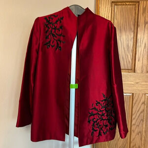 VTG 100% silk women's size large red black Christmas jacket Holiday Victor Costa